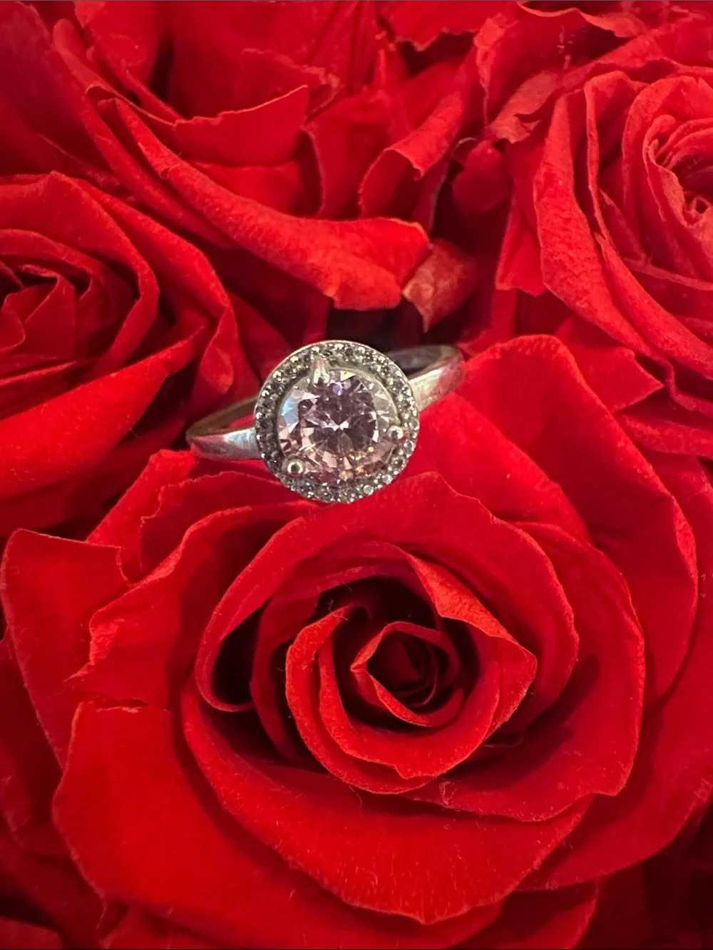 925 Silver Ring with Pink Center Stone and Halo